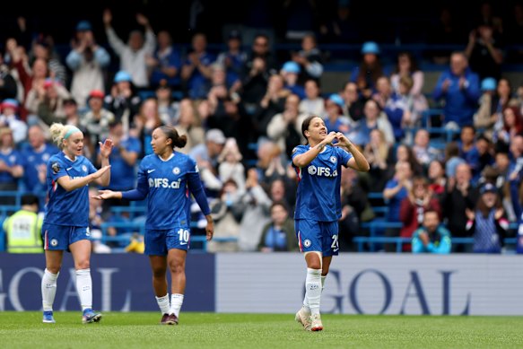 Sam Kerr celebrates her final goal for Chelsea – a glorious strike off a Lauren James assist.