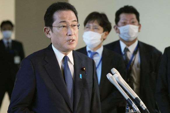 Japanese Prime Minister Fumio Kishida speaks to the reporters at the prime minister’s official residence in Tokyo.