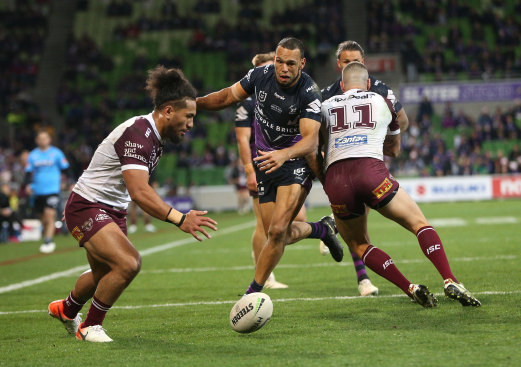 The Manly winger (left) celebrates 150 games on Sunday afternoon.