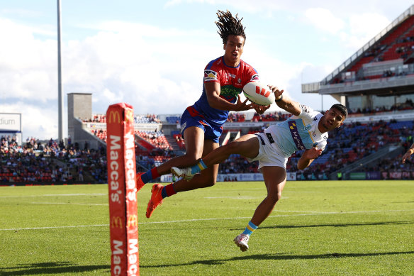 Dominic Young’s athletic catch before scoring Newcastle’s opener against the Titans.
