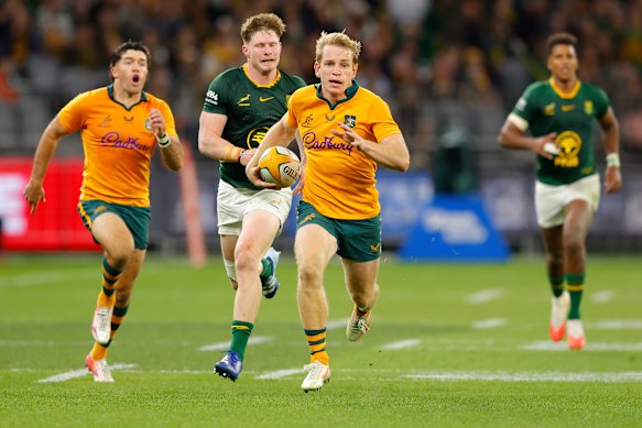 Max Jorgensen was in full flight against South Africa last month. 