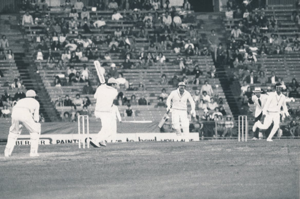 Ian Chappell drives the ball from Asif Iqbal.