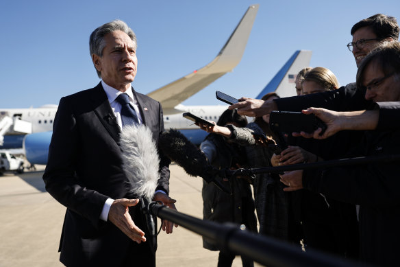 US Secretary of State Antony Blinken speaking to reporters before leaving Washington DC.