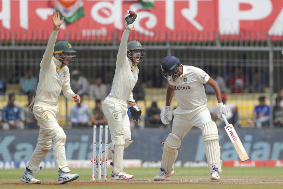 Alex Carey catches Ravichandran Ashwin in Indore.
