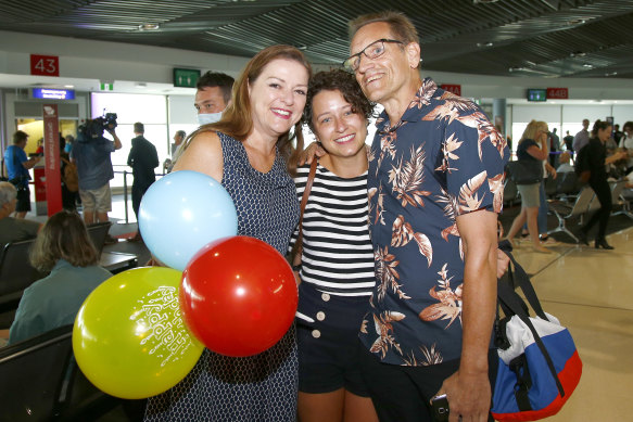 Crowds have returned to Brisbane Airport since it reopened in December 2020, when Graham and Natalie Auchterlonie welcomed daughter Katherine home. 