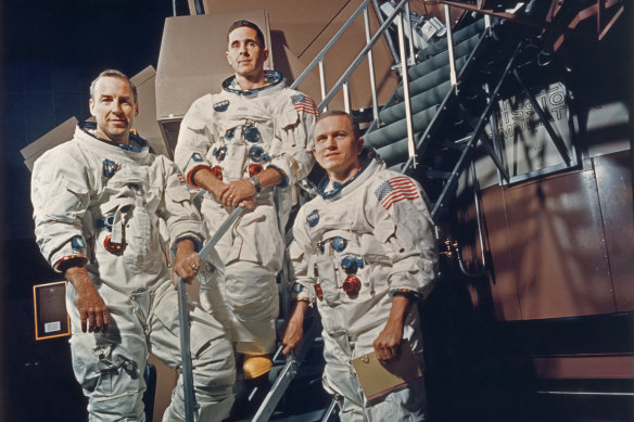 Apollo 8 crew, from left, James Lovell Jr, William Anders and Frank Borman in their space suits in 1968.