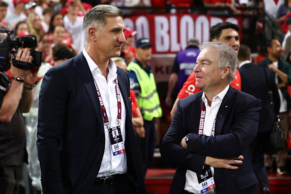 Sydney CEO Matthew Pavlich and chairman Andrew Pridham at the SCG the day the Swans stunned the Lions in the qualifying final.