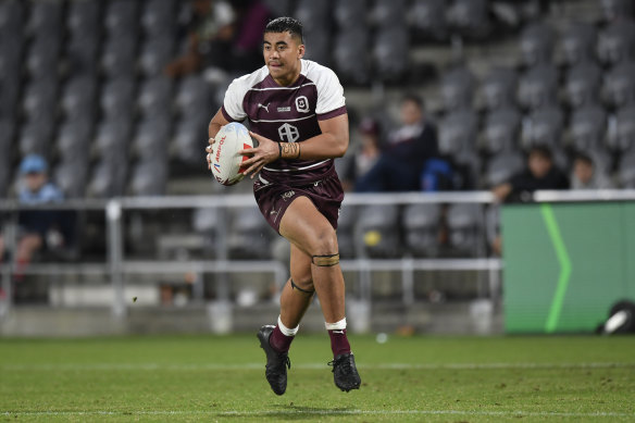 Israel Leota in action for the Queensland Maroons’ under-19s side in the 2023 Under-19s State of Origin.