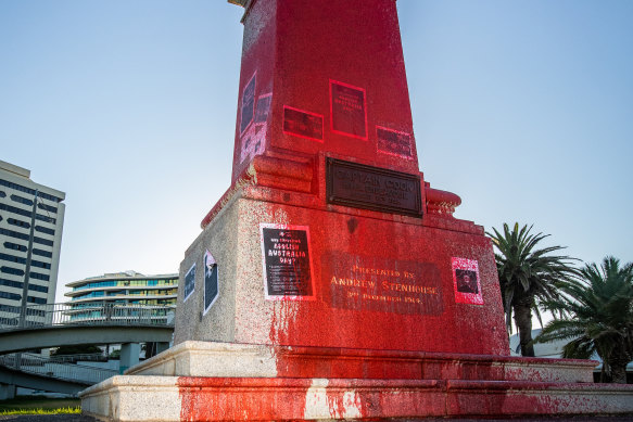 The statue of Captain Cook at St Kilda beach was covered in red paint on Australia Day 2022.