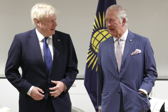 British Prime Minister Boris Johnson and Prince Charles at CHOGUM in Kingali, Rwanda on Friday. Charles has reportedly condemned Johnson’s plan to deport asylum seekers to Rwanda.
