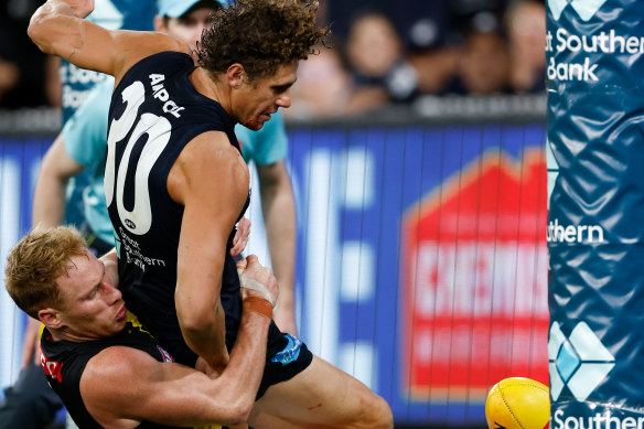 Curnow is denied by Nick Vlastuin on the goal line.