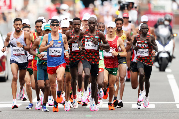 Eliud Kipchoge (centre) competes in the men’s marathon at the Tokyo 2020 Olympic Games. Kipchoge won the race with a time of 2:08:38.