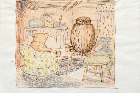 An original preliminary drawing in colour of Pooh in Owl’s parlour will be on display at the Rare Book Fair. 