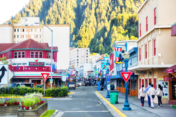 The vibrant shopping district in Downtown Juneau, Alaska.