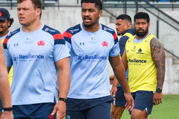 Folau Fainga’a back in blue. The former Wallabies hooker (right) at NSW training this week.