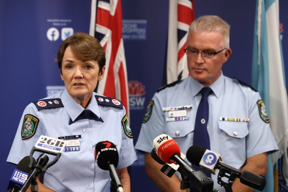 NSW Police Force Commissioner Karen Webb and Deputy Commissioner Mal Lanyon at a media conference in October 2023.