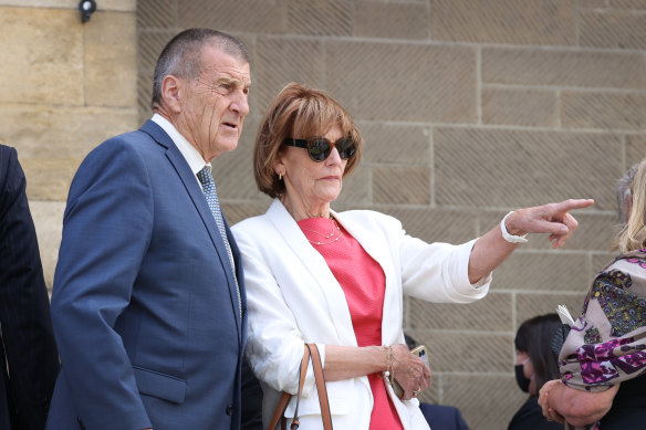 Former premier Jeff Kennett and with wife Felicity after the service.