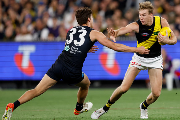 Tiger Tom Lynch during his first AFL match since round four last year.