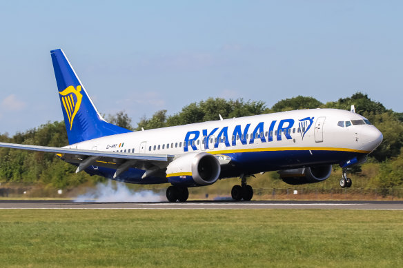 A Ryanair Boeing 737 Max touching down at Manchester airport. From Cyprus to the UK is one of the longest internal flights in Europe.