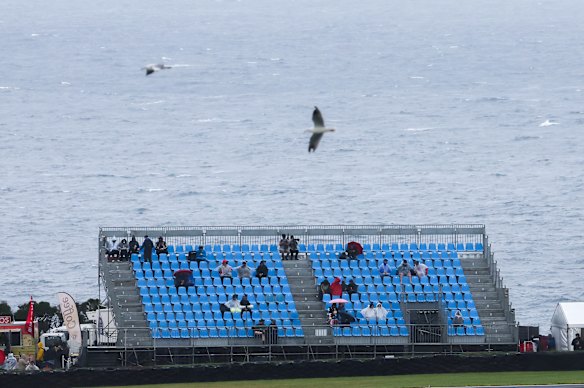 Fans waiting for the rain to clear at the 2026 Australian Motorcycle Grand Prix in Phillip Island.
