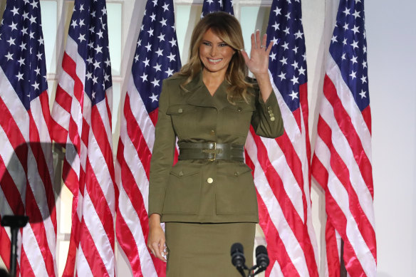 US First Lady Melania Trump waves while arriving to speak during the Republican National Convention in the Rose Garden of the White House.