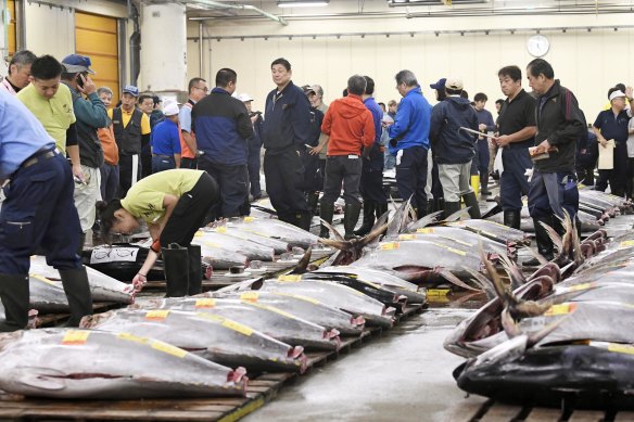 The tuna auction at the famous Tsukiji fish market during its final week in 2018.