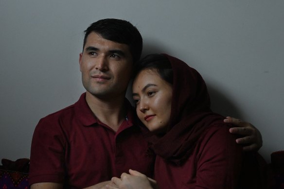 Fatima Alizada is reunited with her husband Mohammad at her home in western Sydney after he escaped from Afghanistan. 