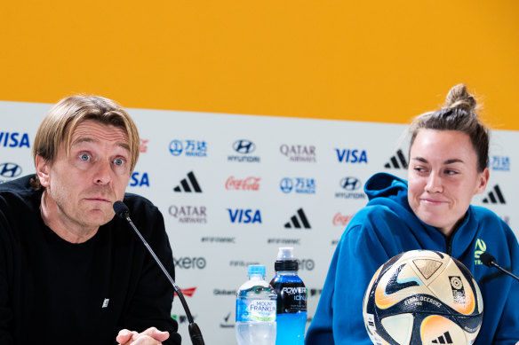 Matildas head coach Tony Gustavsson and goalkeeper Mackenzie Arnold on Tuesday.