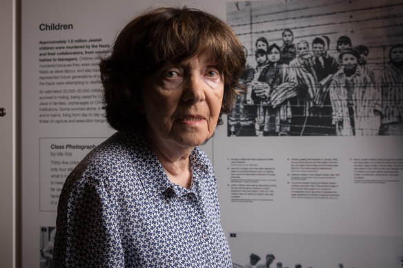 Eva Slonim at the Jewish Holocaust Centre with the photo of herself, aged 13, in 1945, on liberation from Auschwitz concentration camp.