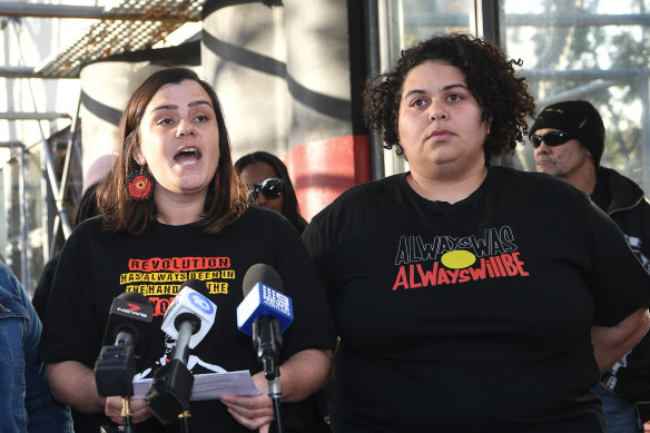 Meriki Onus, from the Warriors of Aboriginal Resistance, at a press conference in June 2020 with Tarneen Onus Browne. 