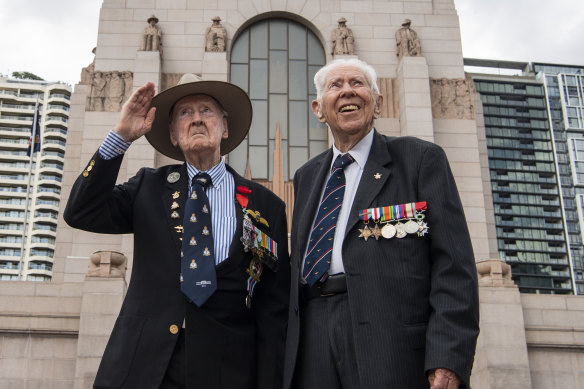 Ron Houghton, 96 (L) and Tony Adams, 97 at The Royal Australian Air Force centenary commemoration at the Anzac Memorial.