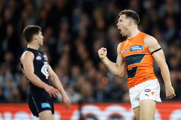 Toby Greene celebrates one of his four goals.