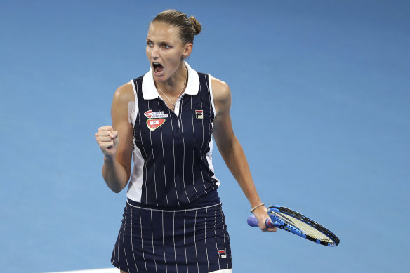 Karolina Pliskova celebrates during her Brisbane International final victory over Madison Keys.