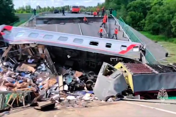 The damaged bridge in Russia’s Bryansk region, bordering Ukraine, which collapsed onto a train on Saturday night.