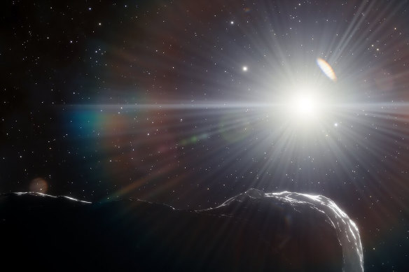 As artist’s impression of an asteroid orbiting close to the sun.  The asteroid was found by the A Dark Energy Camera at the Cerro Tololo Inter-American Observatory in Chile.