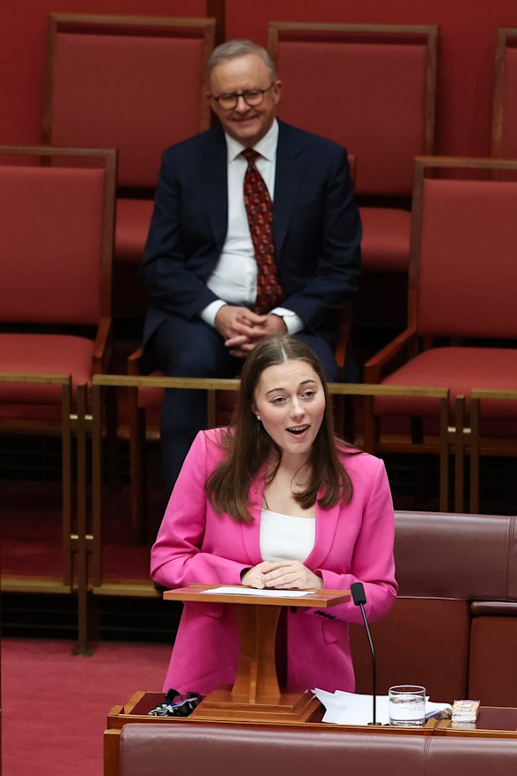 Backdropped by Prime Minister Anthony Albanese, Walker delivered her first speech in the Senate in August last year.