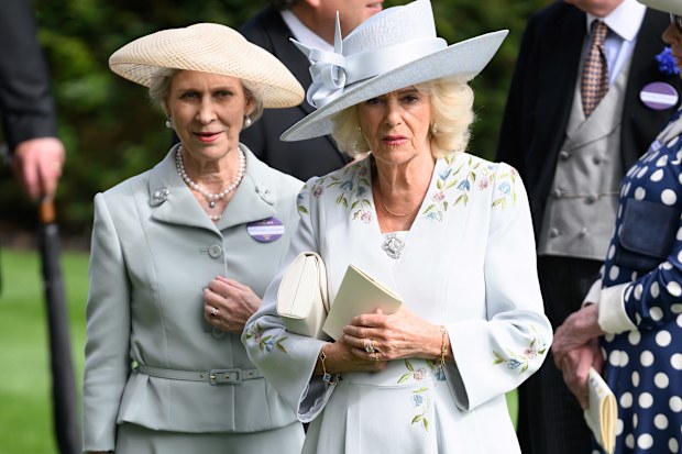 Birgitte, Duchess of Gloucester, in a Finley Howie hat, with Queen Camilla at Royal Ascot.