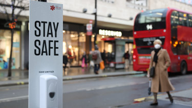 A hand sanitising station on Oxford Street in London.