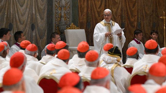 The new pontiff addresses his cardinals on Friday.
