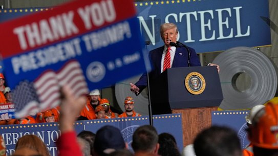 US President Donald Trump speaks at U.S. Steel Corporation’s Mon Valley Works-Irvin plant on Friday.