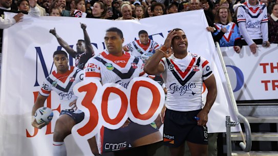 Michael Jennings in front of a banner celebrating his 300th NRL game at McDonald Jones Stadium.