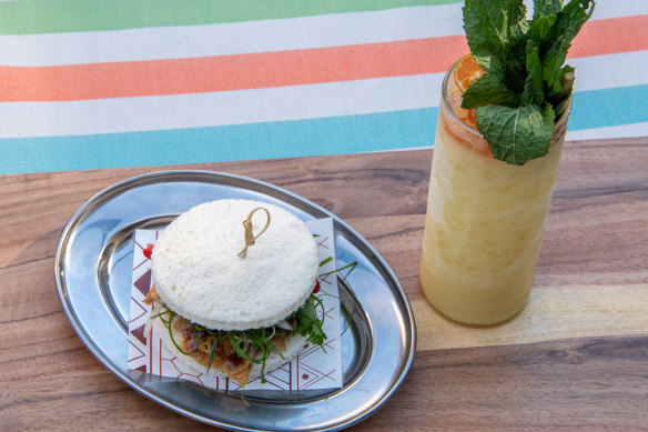 Chicken skin sandwich and Tito Ray cocktail.
