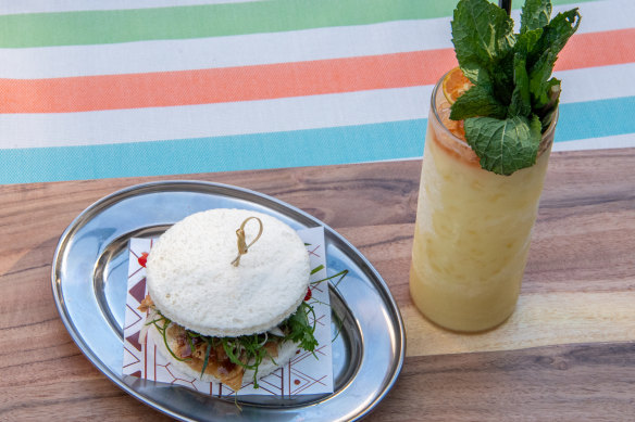 Chicken skin sandwich and Tito Ray cocktail.