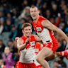 Angus Sheldrick and Chad Warner of the Swans celebrate a goal.