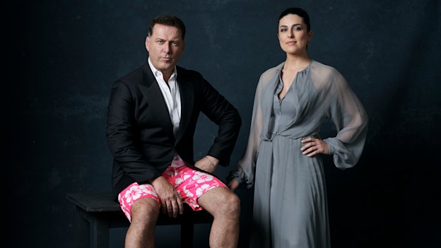 Stefanovic wears a Giorgio Armani jacket and shirt, and Okanui shorts. Abo wears a Giorgio Armani dress and Jimmy Choo shoes.
