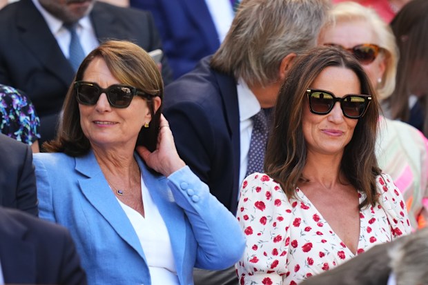 Carole Middleton and Pippa Matthews sit in the Royal Box on day eight at the Wimbledon Tennis Championships in London, Monday, July 6, 2026.(AP Photo/Kirsty Wigglesworth)