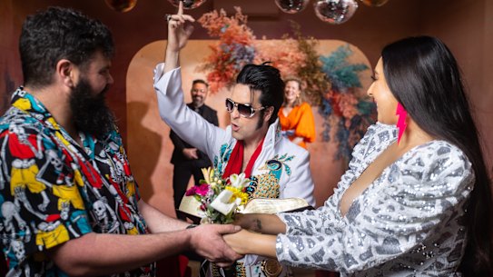 Josh Burley and Mia Black in rehearsal for their upcoming big day at The Altar Electric, which will be hosted by Logan Jeffs as Elvis.