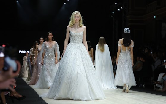 Models in the Paolo Sebastian showcase at Melbourne Fashion Festival.