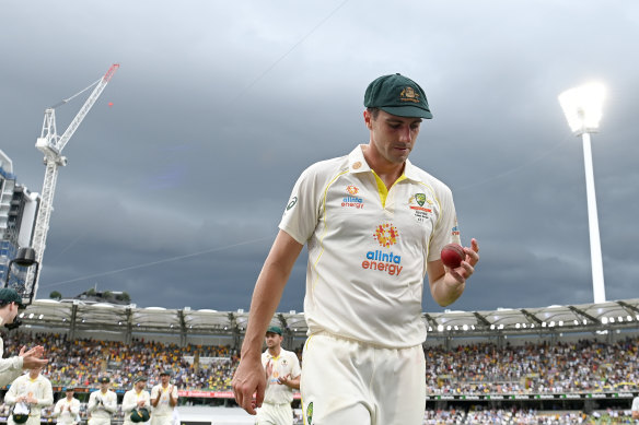 Pat Cummins after taking five wickets in an innings during day one of the First Test Match in the Ashes series between Australia and England at The Gabba.