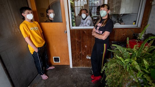 Melbourne-based Beci Orpin and 14-year-old son Ari (front) isolate from husband Raph and 18-year-old son Tyke, who have tested positive for COVID-19.